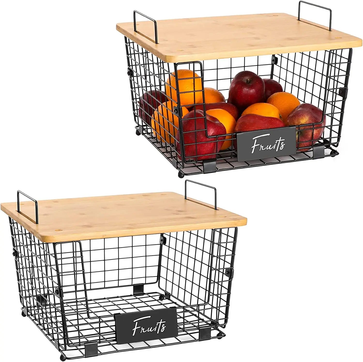 Modern Steel Fruit & Vegetable Storage Basket with Bamboo Lid Multilayer Kitchen Table Shelves Hook Type Installation