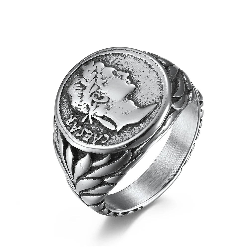European American Style Retro Coin Man Gold Silver Roman Empire Caesar Emperor 316L Stainless Steel Finger Ring ODM Jewelry