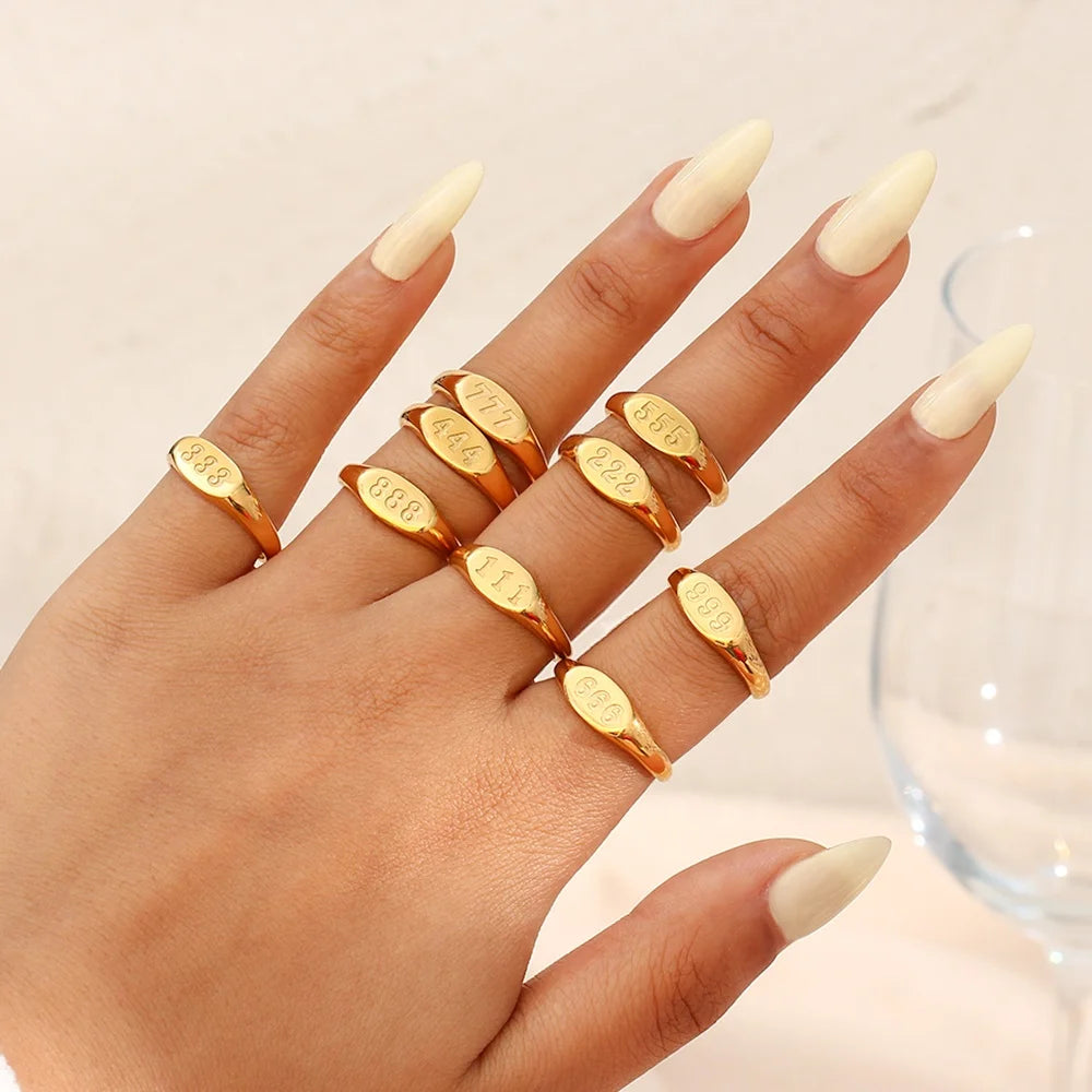 Tarnish Free 18K Gold Plated Angel Number 111 to 999 Ring Water Proof Stainless Steel Rings Jewelry Women