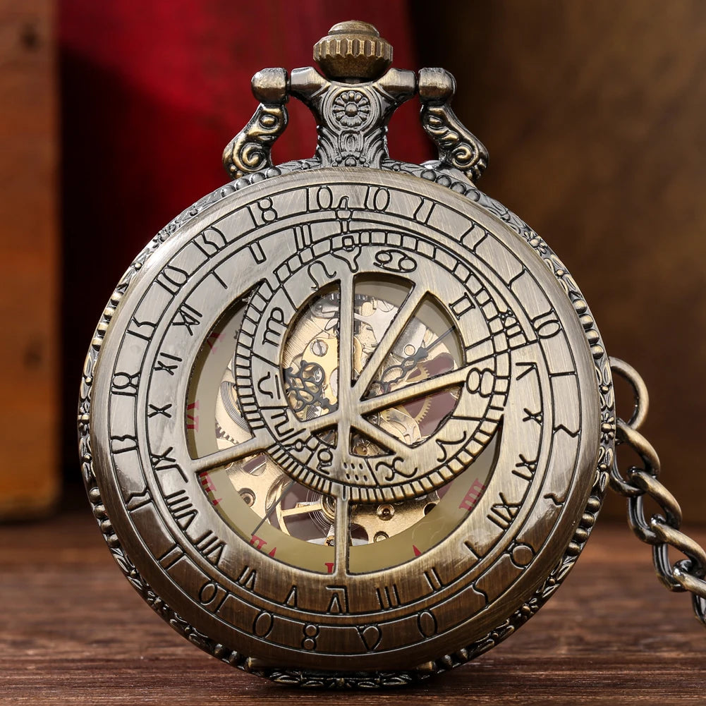 Prague Astronomical Skeleton Mechanical Pocket Watch With Chain Luxury Vintage Hand Winding Locket Watch Steampunk for Men Gift