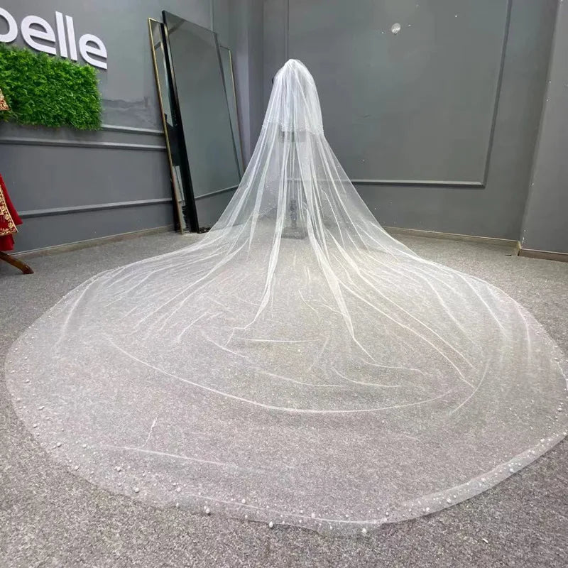 Hot Selling 4 Meters Long Ivory Cathedral Bridal Veil Customizable Length Wedding Accessories Long Pearl Gold-sprayed Yarn