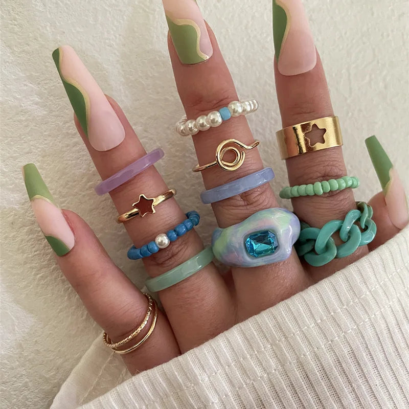 12Pcs/Set Bohemia Finger Jewelry Acetate Chain Pearl Pentagram Beaded Ring Set for Women Fashion Colorful Hollow Puzzle Ring