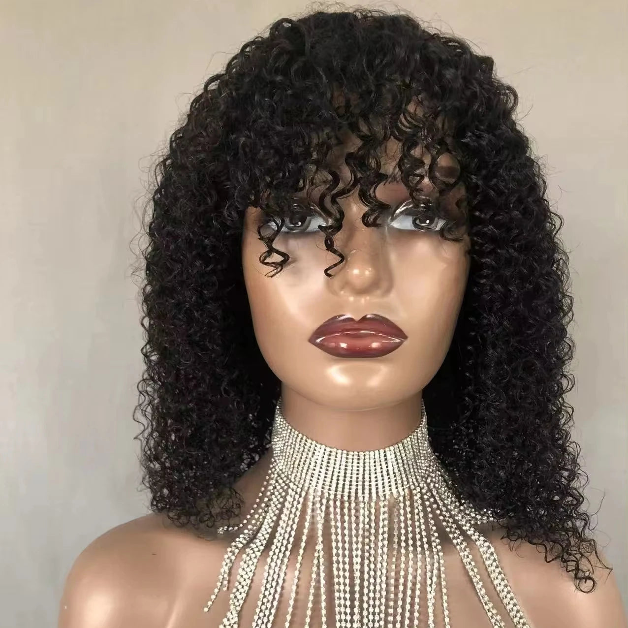 S Jerry Curly Wig With Bangs 180% Density Brazilian Human Hair Full Machine Wig with Bangs for Black Women