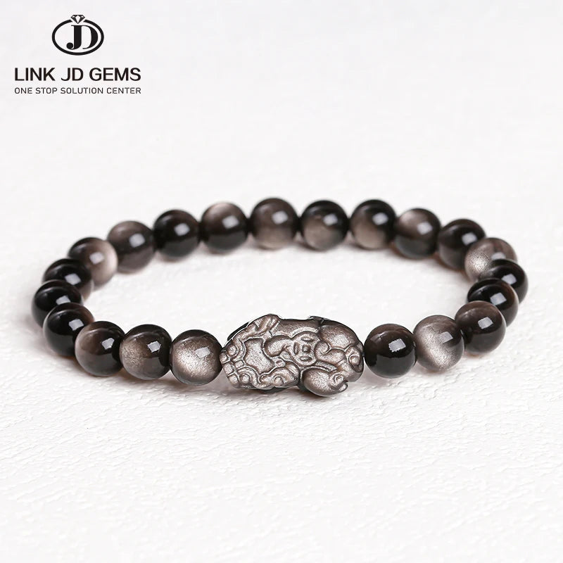 JD High Quality 7A Natural Silver Color Obsidian Beaded Pixiu Carved Charm Amulet Bracelet Women Men Fashion Designer Bangles