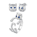 925 Sterling Silver Cute Cat Jewelry Set for Women & Girls-Wedding Engagement Adjustable Stud Earrings & Rings