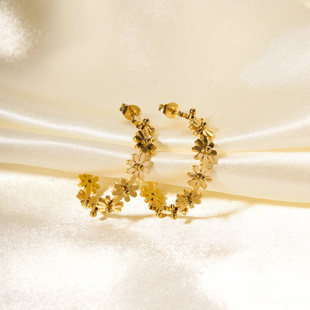 Ins Cute Style Jewelry Inoxydable Bijoux 18k Gold Plated Bijouterie C Shaped Texture Flowers Hoop Earrings Boucles Doreilles