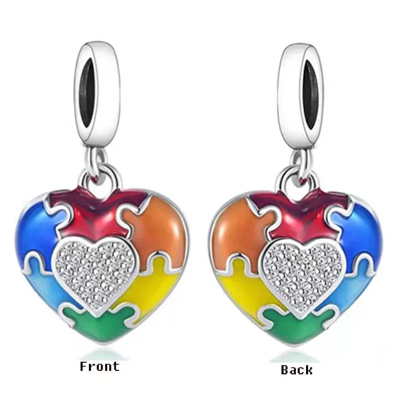 Hot 925 Sterling Silver Autism Awareness Awareness Heart Dangle Beads Charm Fit Original Charms Bracelets for Jewelry Making