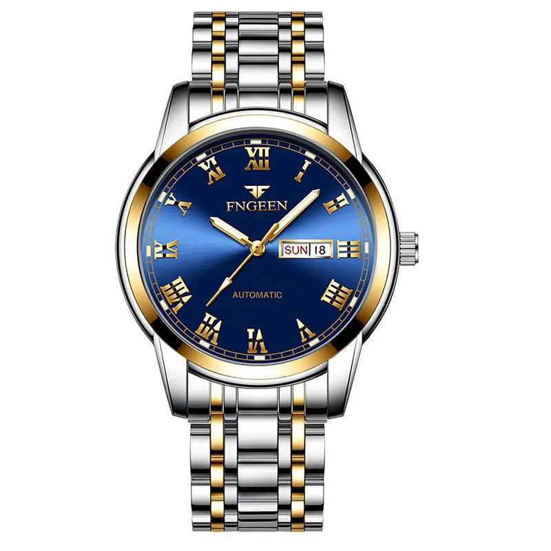 FNGEEN New 4002 Waterproof Sports Stainless Steel Band Luminous Quartz Student Fashion Trend Men's Date Week Display Wristwatch