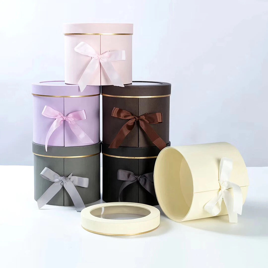Valentine's Day Gift Rose Gold Logo Rotating Rose Flower Packaging Cardboard Paper Flower Box 2 Layer Round Flower Box