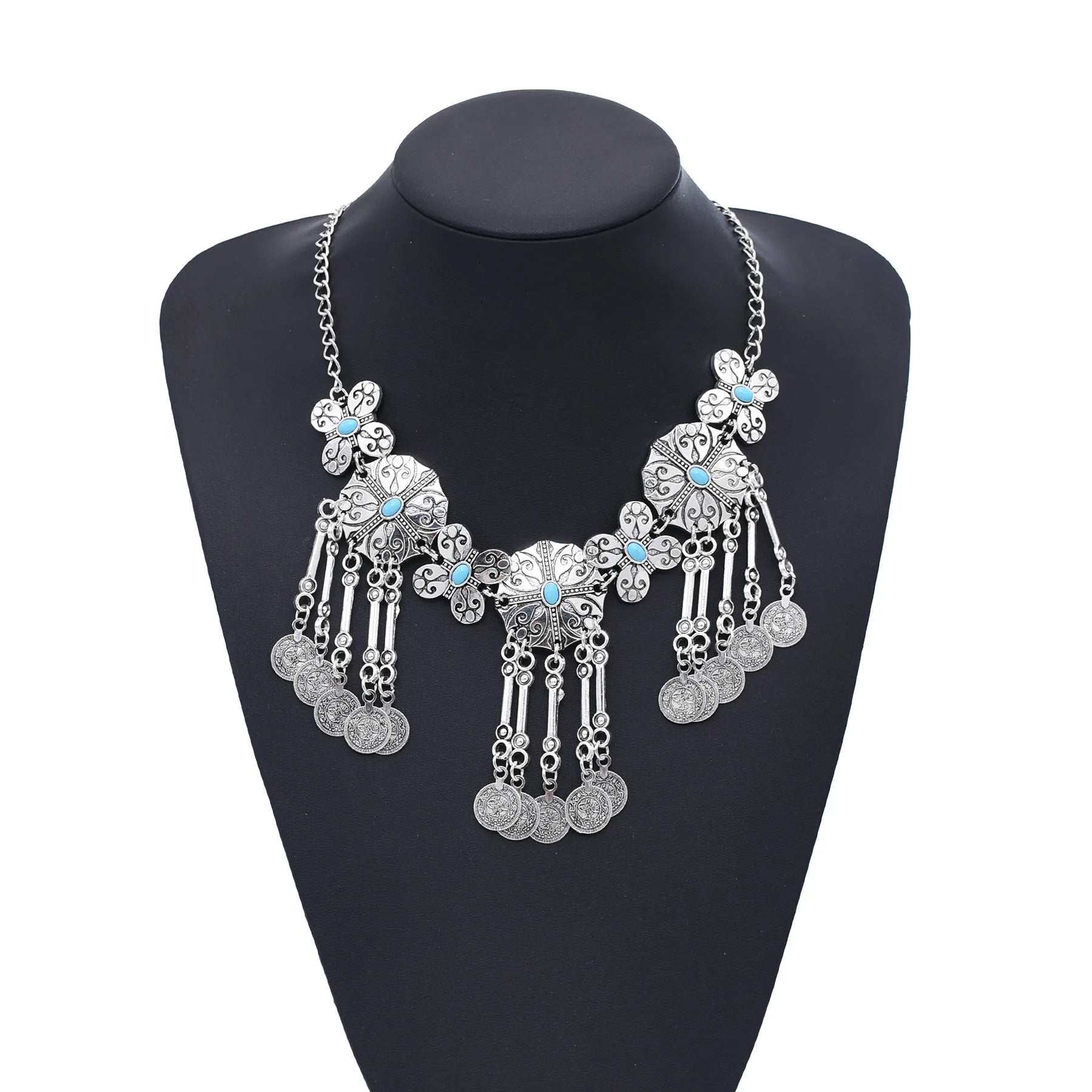 Vintage Kazakh Gypsy Women's Necklace Silver Coin Choker Bib Chunky Statement Fringe Turkish Carves Flower Link Chain Zinc Alloy