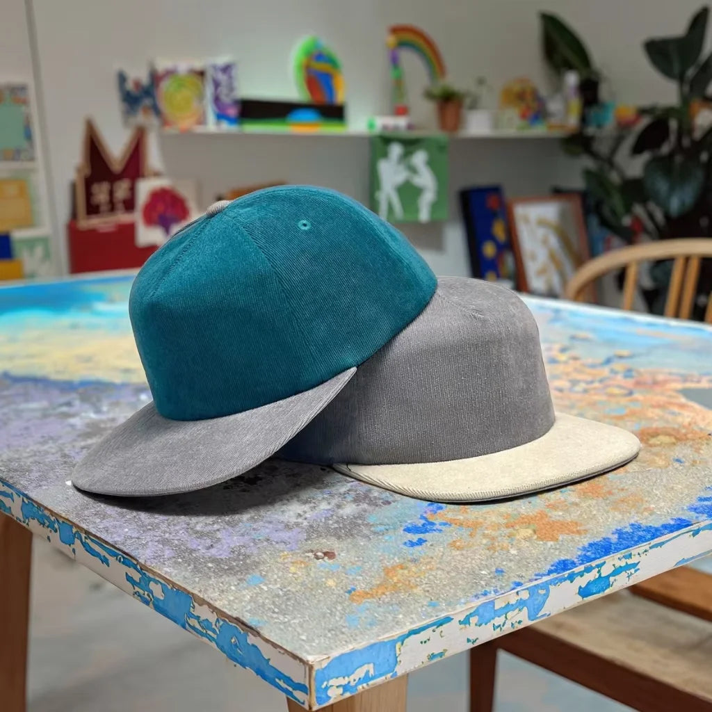 5-Panel Corduroy Cap Soft Crown 2-tone Adjustable Baseball Hat PU Strap Closure Unstructured Custom Hats Men Women Wholesale