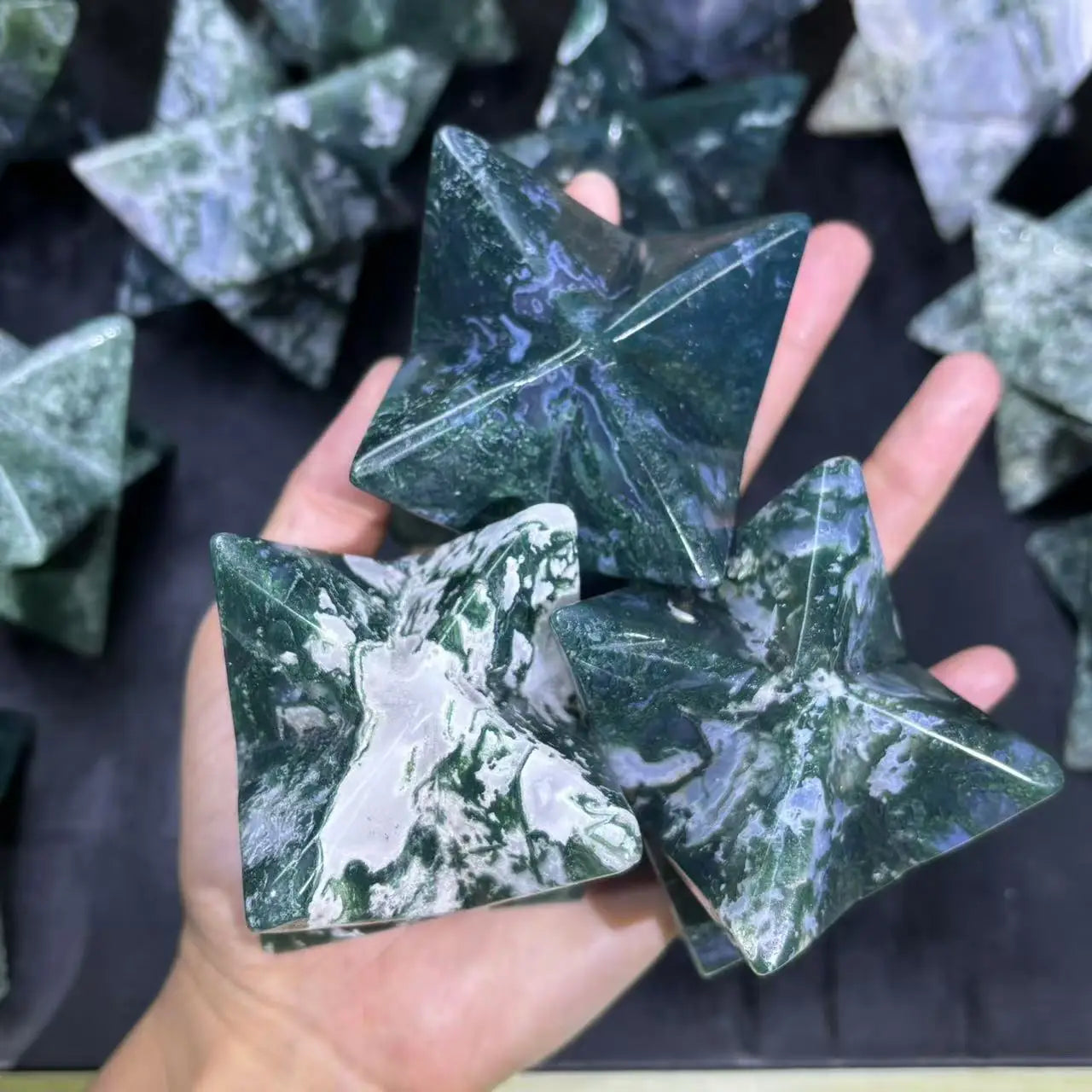 Kindfull Natural Crystal Crafts Moss Agate Merkaba Fengshui Stone Agate Carved for Sale