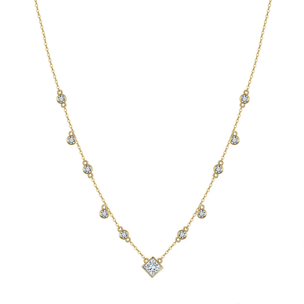 Wholesale Jewelry 925 Sterling Silver Gold Plated Sparkle Round Square Cz Charm Choker Necklace