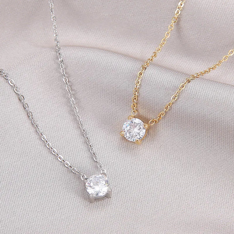 Simple Design Single Round Zircon Necklace Stainless Steel Real 14k Gold Solitaire Pendant Necklace for Women
