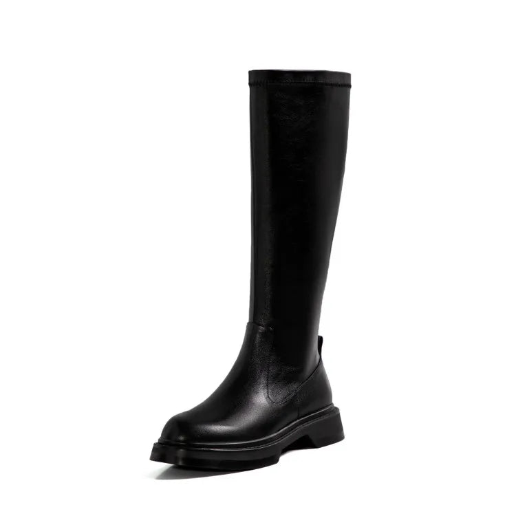 Fashion Women's Knee-High Boots Low High Heel Leather Long Boots Biker Knight Boots Female Street Motorcycle Cool Guys Shoes