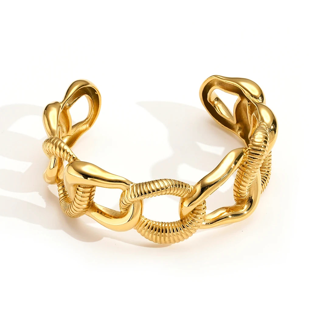 Wholesale 18K Gold Plated Stainless Steel Jewelry Twisted Irregular Chain Open Cuff Bangle Waterproof for Woman Earrings B252536