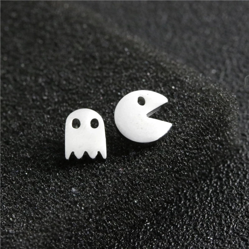 Fashion Hiphop Punk Metal Silver Color Earrings Stainless Steel Geometric Stud Earrings Goth Ghost Stud Earrings for Women Men
