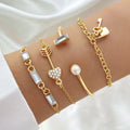 Women's Fashion Pearl Key Lock Bracelet Set 4pcs Gold Plated Fine Jewelry with Opening Charm Pearl Bracelet