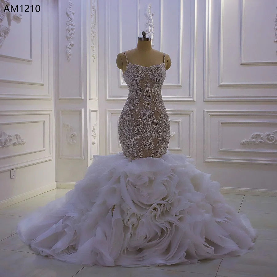 Jancember AM1210 Strapless Sweetheart Heavily Beaded Lace Ruffled Mermaid Wedding Dresses Gown