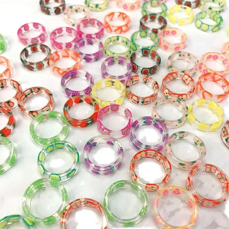 European American Cute Women Girls Fruit Smile Face Animal Leaf Acrylic Plastic Resin Acetic Acid Finger Ring Cut Jewelry