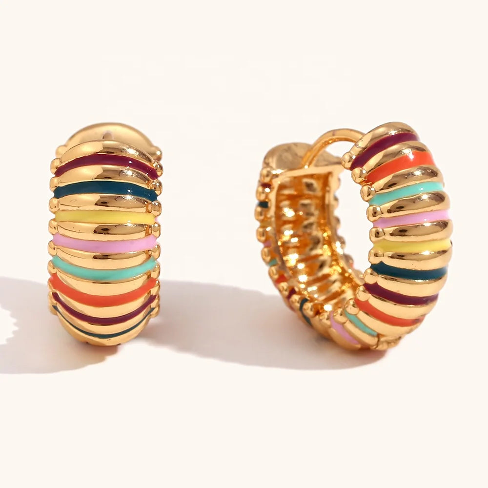 Dingran Summer Colorful Stripes Enamel Hoop Earring 18K PVD Gold Plated Stainless Steel Cute Jewelry