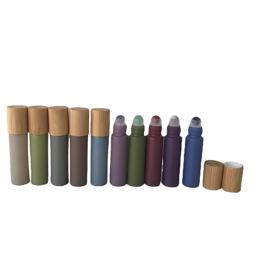 Wholesale 10ml Morandi Matte Colored Essential Oil Gemstone Roll on Glass Bottles Real Bamboo Cap Cylindrical Shape