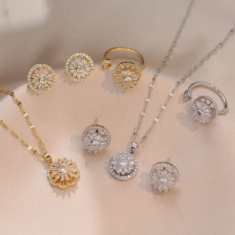 Wholesale Stainless Steel Chain Necklace Earrings Ring Crystal Rhinestone Rotatable Jewelry Set Flower Jewelry Set for Women