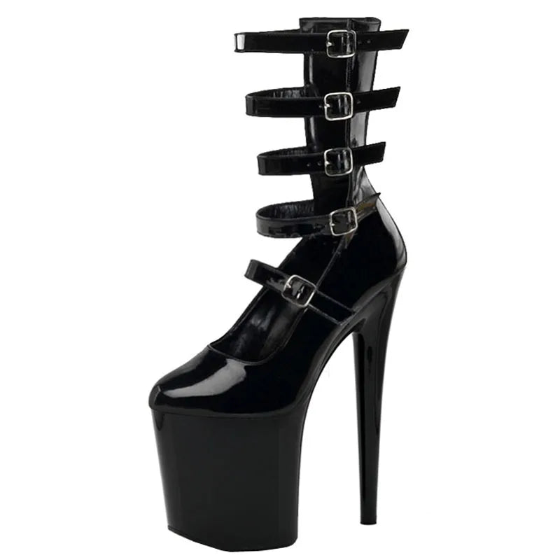Black Round Head Thin Heel Thick Bottom ultra High Heel Hollowed Out 20cm Steel Pipe Dance High Heel Boots