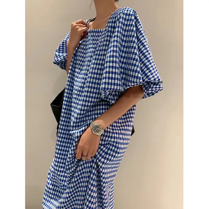 Elegant Woman Dress Summer Women Korean Ladies Chic 2025 New Dresses Fashion Square Neck Plaid Puff Sleeve Loose Casual Dress
