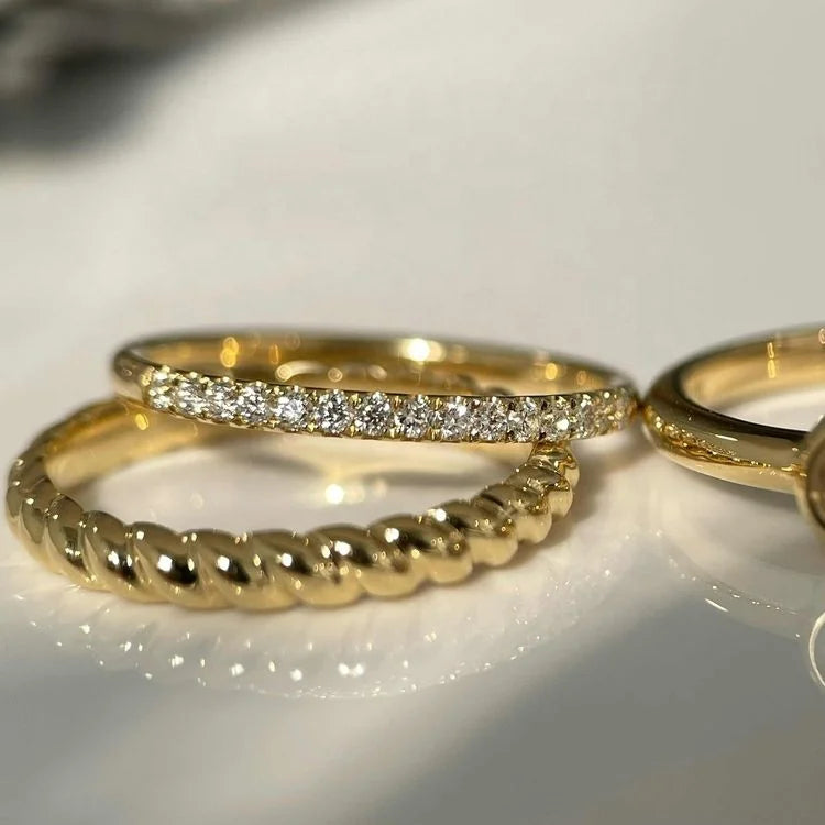 Ruyi Classic Lab Diamond Ring Women Stackable Real 14K Solid Gold Pave Diamond Half Eternity Thin Band Ring