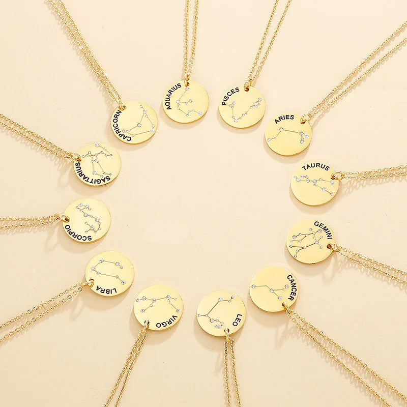 2022 Wholesale Jewellery 14k Gold Plated Stainless Steel Cz 12 Zodiac Sign Pendant Necklace for Women
