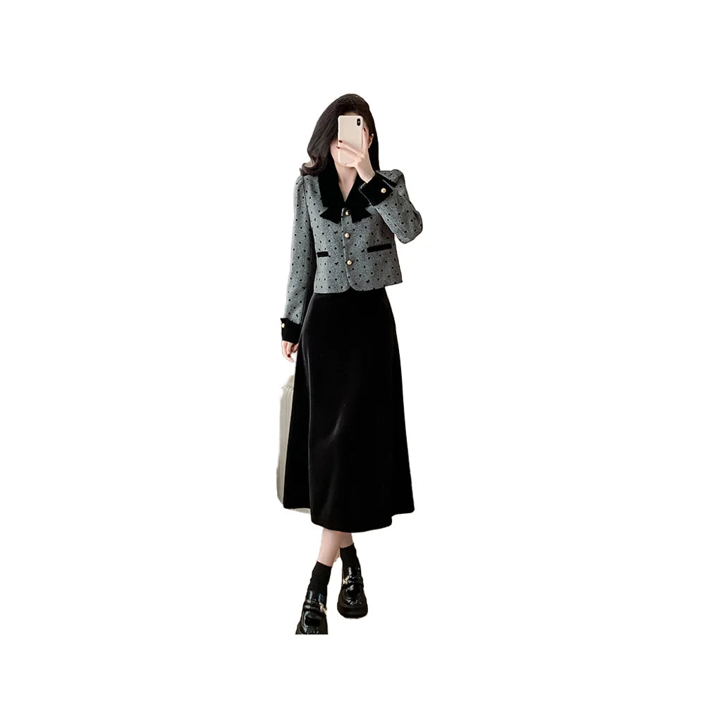 Guangzhou Auyan Leopard Pattern Velvet Two-Piece Dress Set Fall New Bow Short Coat