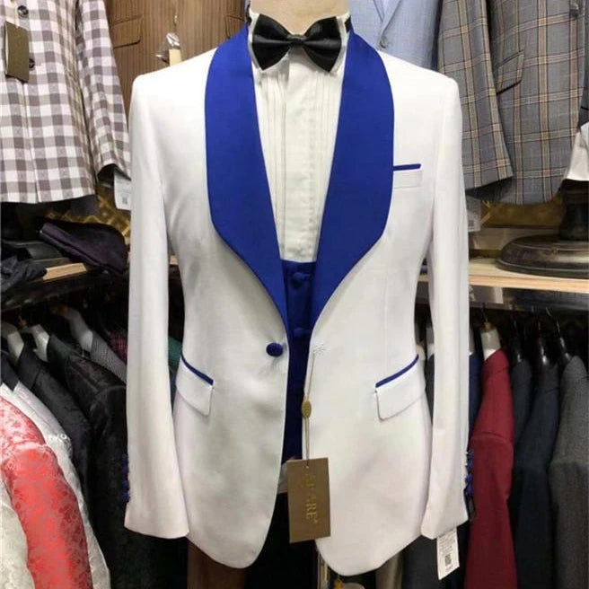 Groomsmen White Groom Tuxedos Shawl Royal Blue Lapel Men Suits Wedding/Prom/Dinner Best Man Blazer ( Jacket+Pants+Vest)
