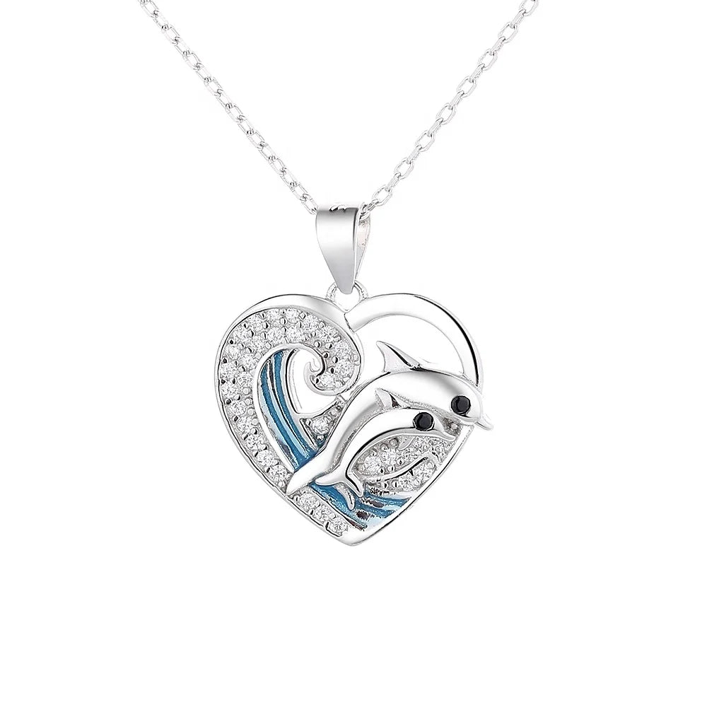 925 Silver Cute Seaside Dolphin Animal Pendant Fish Necklace