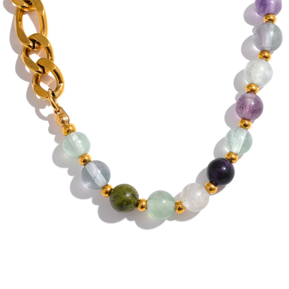 JINYOU 1476 Waterproof Stylish Colorful Natural Stone Beads Chain Stainless Steel Necklace for Women Exquisite Handmade Jewelry