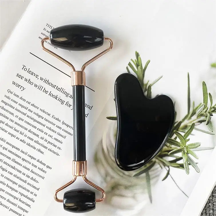Face Massager Natural Black Gua Sha Face and Jade Roller Xiuyan Bian Gua Sha Stones for Face Care