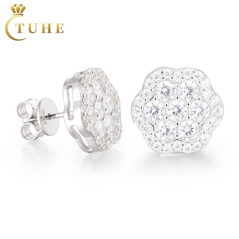 Iced Out Cluster Lab Diamond Fashion Earrings Push Back 925 Silver Flower Zircon CZ Stud Earrings for Men Women