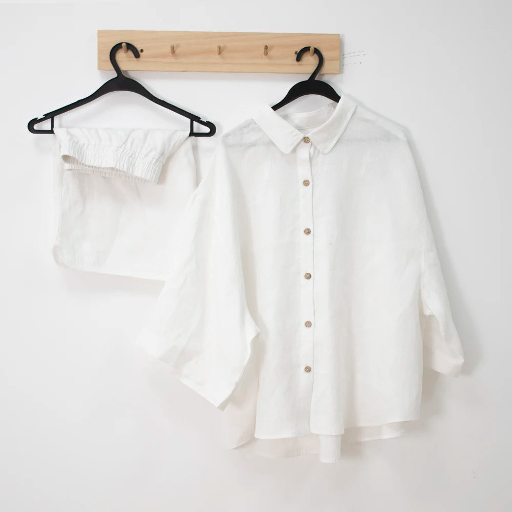Ollko High Quality European Flax  Oeko-Tex 100 Certified Home Wear White Linen Shorts and Shirts Set Women Pajamas