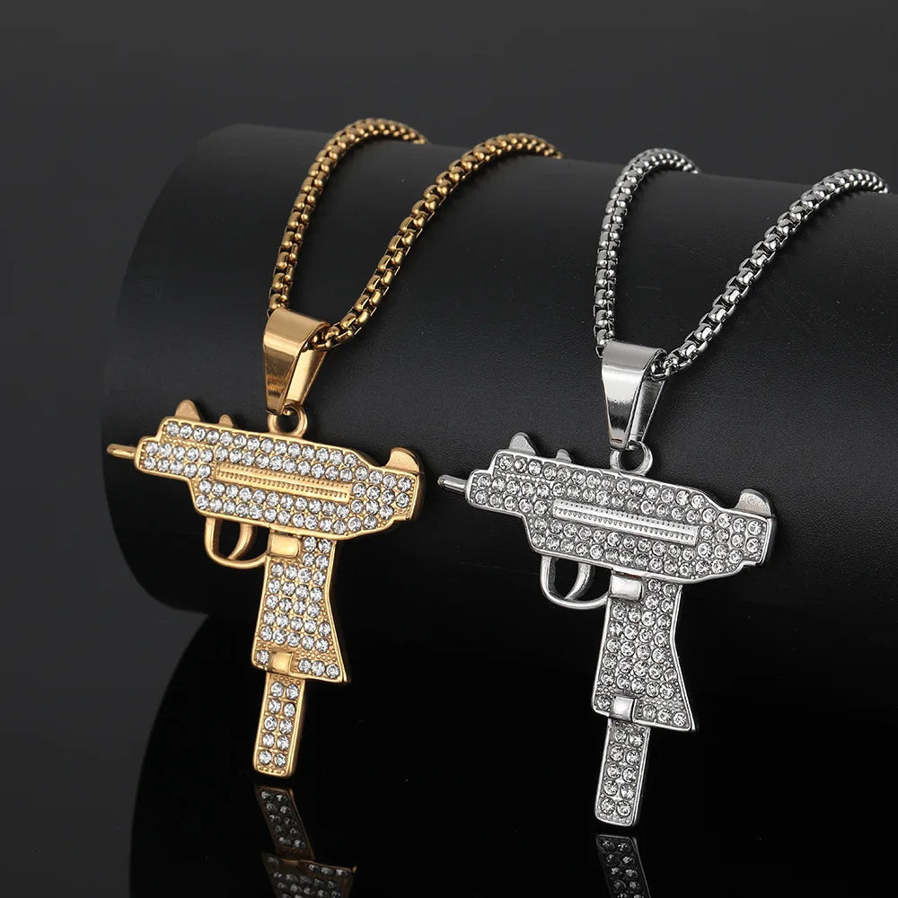 18K Gold Plated Stainless Steel Submachine Gun Pendant with Zircon Hip Hop Men's Charm Jewelry for Anniversary Link Chain
