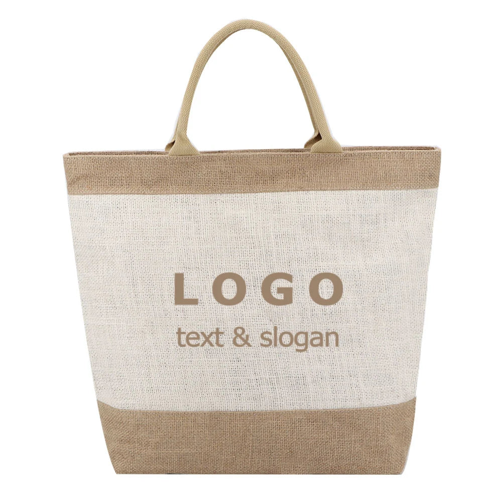 Manufacturer Custom Eco Friendly Burlap Grocery Shopping Bag Online with Logo Print Bunny Bag Jute Beach Tote Bag Zipper Pocket