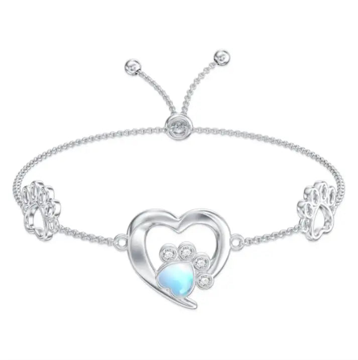 Moonstone Cat Dog Paw Print Bracelet 925 Sterling Silver Adjustable Bracelet for Women