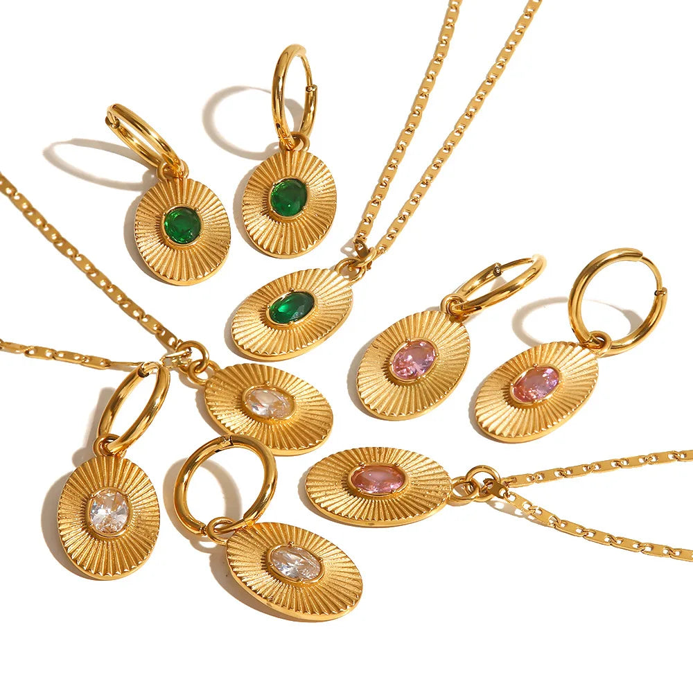 Earrings and Necklace Set Tarnish Free 18K Gold Plated Sunburst Earring Stainless Steel Screw Zircon Paved Oval Pendant Necklace