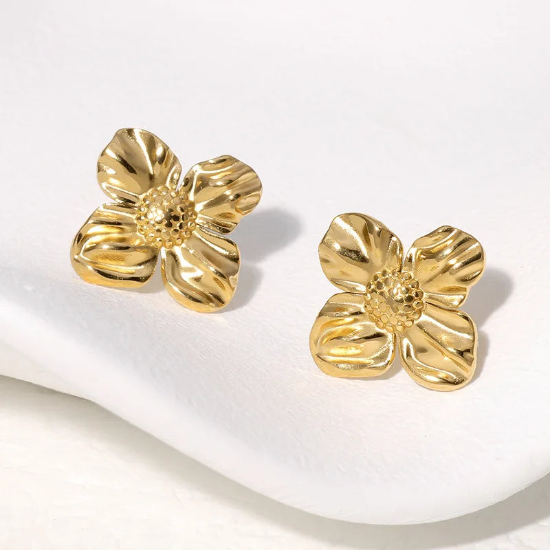 Retro Style Flower Star Gold Plated Stainless Steel Earrings Heart Geometric Design Hoop Waterproof Earrings for Women Jewelry
