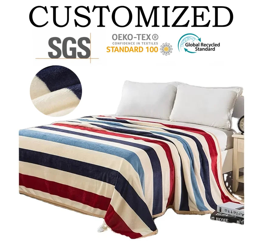 Flannel Polyester Striped Coral Summer Air Conditioning Office Siesta Throw Blanket Sofa Single Thin Quilt Travel