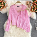 Gentle and Sweet V-neck Sweater Thin Sun protection Jacket Cardigan Tank Top With Straps 2-piece Set