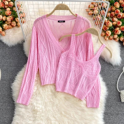 Gentle and Sweet V-neck Sweater Thin Sun protection Jacket Cardigan Tank Top With Straps 2-piece Set