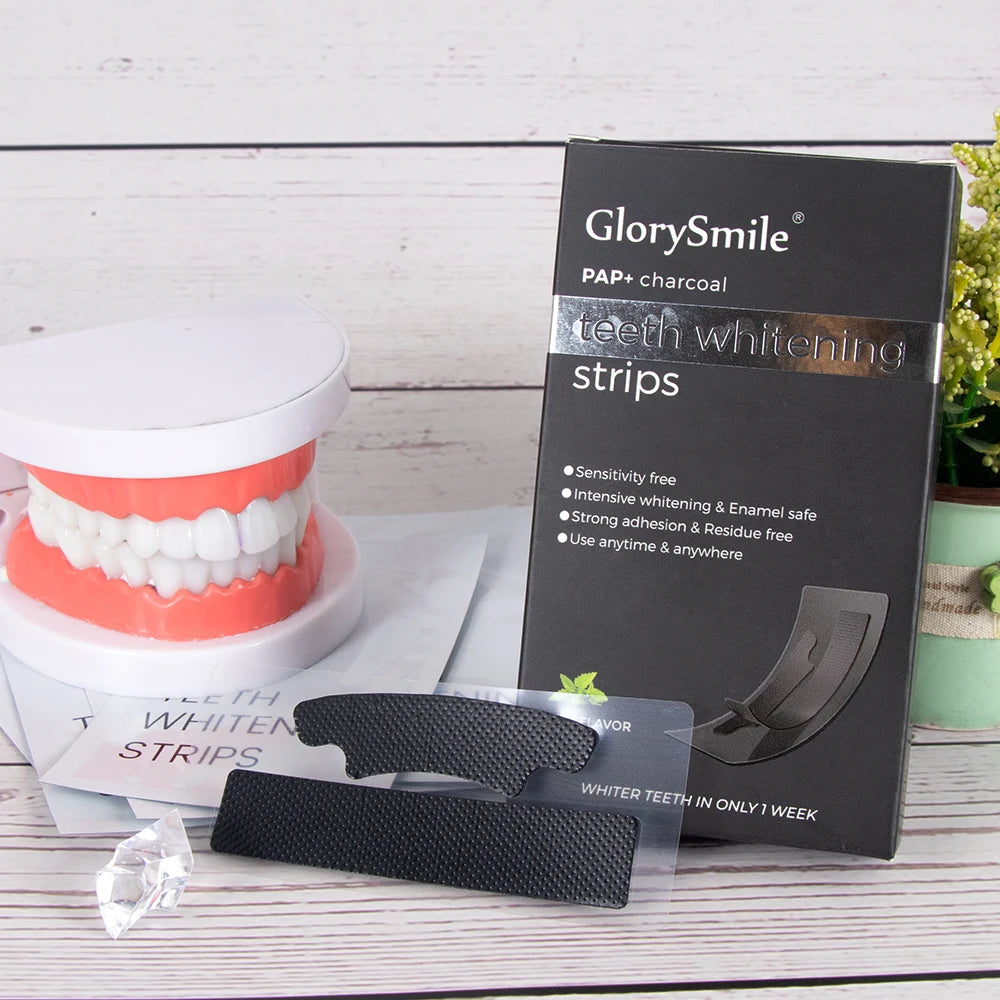 Glorysmile Dental New Formula PAP+Charcoal Whitening Strips Black Teeth Whitening Strips with Private Logo