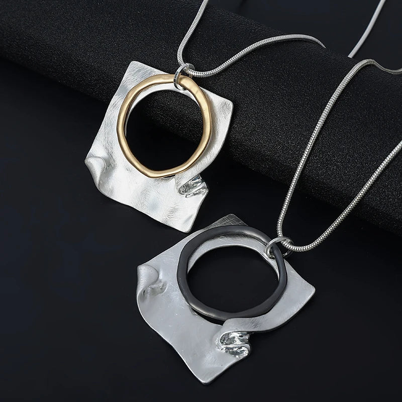 TongLing European Vintage Hollow Out Long Sweater Necklace Circular square Pendant Necklace for Daily Accessories