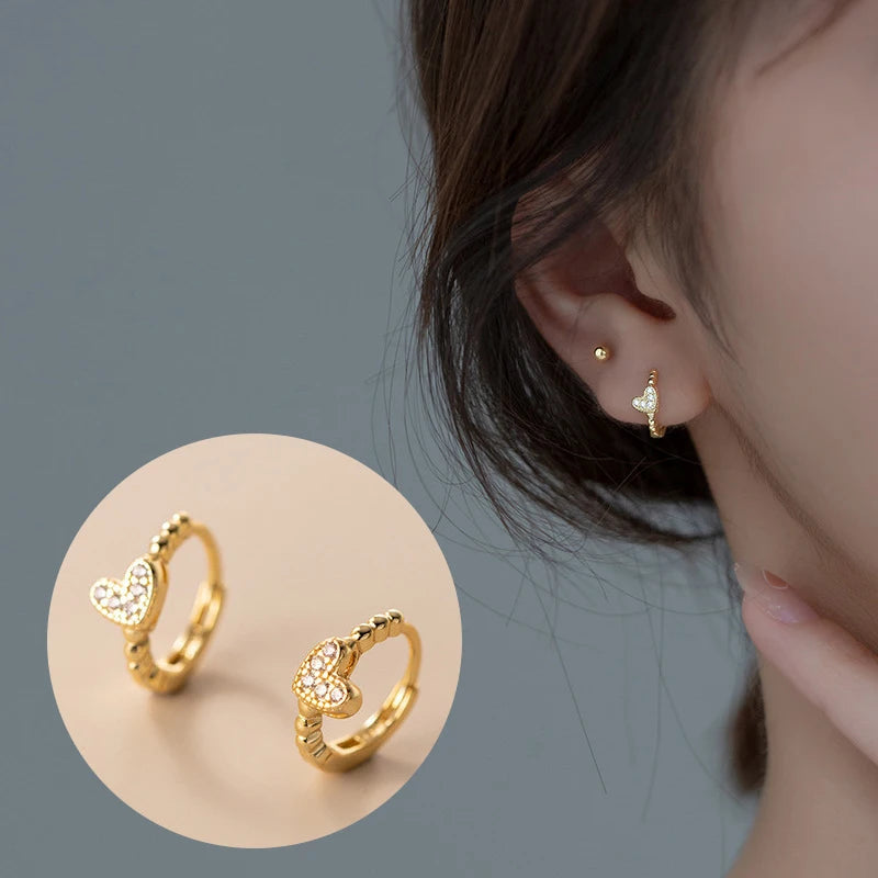 925 Sterling Silver Shiny Zirconia Love Heart Shaped Hoop Earrings Sweet Romantic Ear Buckle Fine Jewelry Gold Plated Trendy
