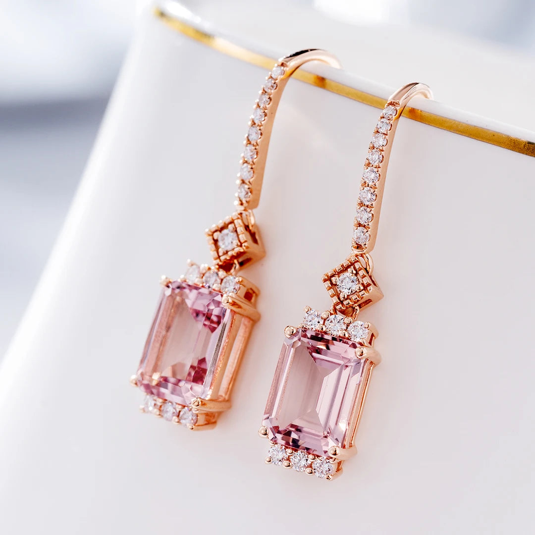 Natural Pink Morganite White Diamond Women Jewelry Solid 18k Gold Drop Earrings for Women